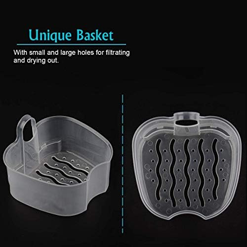 Compact false teeth storage container with hanging net design.