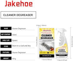 Jakehoe branded kitchen degreaser being applied to a greasy chimney filter.