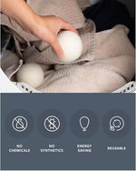 Close up of six reusable beige wool fabric softeners for sensitive skin