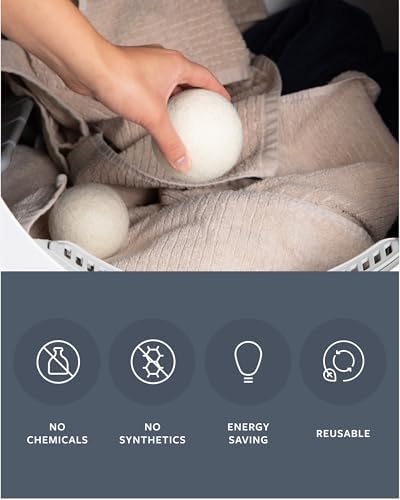 Close up of six reusable beige wool fabric softeners for sensitive skin
