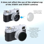 Fujifilm X100V camera with Haoge lens hood attached