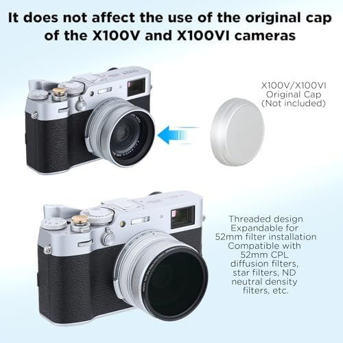 Fujifilm X100V camera with Haoge lens hood attached