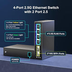 Nicgiga 6 port network switch displaying the dual ten gigabit SFP plus uplink slots