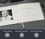 Modern Album Designs memorial guest book open with In Loving Memory page