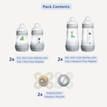 MAM anti-colic baby bottle components and packaging