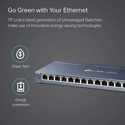 TP-Link gigabit desktop switch angled view with power adapter connected.