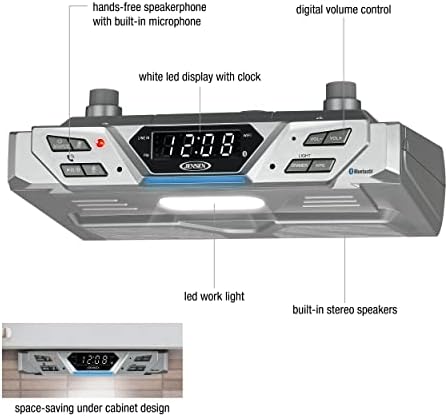 Jensen wireless stereo media center with built in LED work light illuminating a kitchen countertop