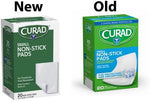 Side panel of Curad non stick pads box detailing application instructions and warnings.