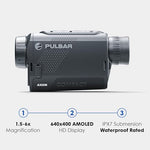 Pulsar Axion XQ19 handheld thermal optic side view highlighting the compact pocketable size.