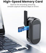 Vidcastive 4K handheld portable camera box contents including wearable clips, charging cables, and memory card