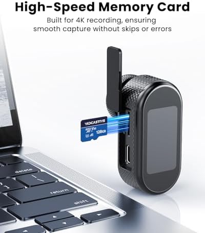 Vidcastive 4K handheld portable camera box contents including wearable clips, charging cables, and memory card