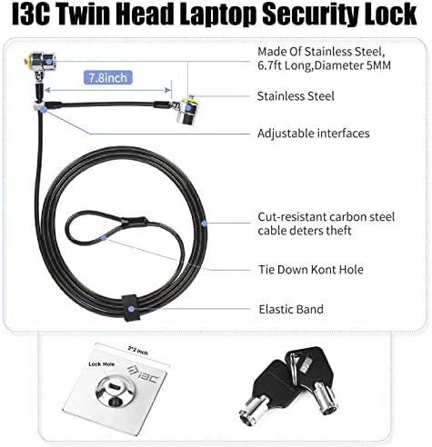 Heavy duty anti theft carbon steel cable lock attached to a laptop and tablet simultaneously.