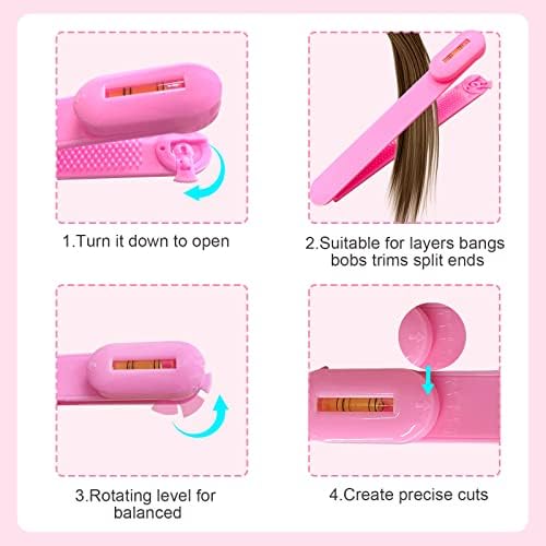 TagRecove adjustable bangs clips showing the integrated rotating balancing bubble tool for straight cuts