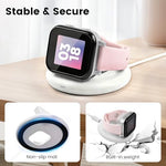 Kids smartwatch charging stand side angle view showcasing the stable low center of gravity.