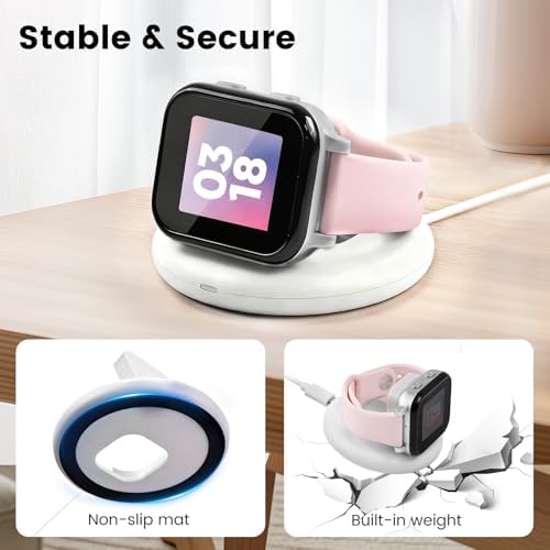 Kids smartwatch charging stand side angle view showcasing the stable low center of gravity.