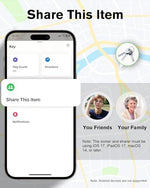 Smart tracking gadget package view showcasing four individual white tracking discs and matching keyring attachment accessories