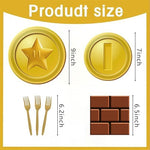 Close up of Mario Bros themed paper dinner plates and dessert plates
