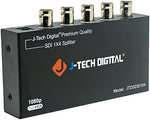 J-Tech Digital 1x4 SDI distribution amplifier displaying the single input BNC connector port used for professional broadcasting cameras.