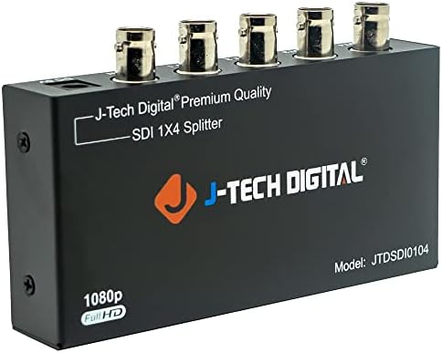 J-Tech Digital 1x4 SDI distribution amplifier displaying the single input BNC connector port used for professional broadcasting cameras.