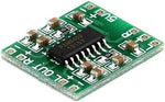 HiLetgo five piece pack mini audio amplifier module layout on a blue printed circuit board