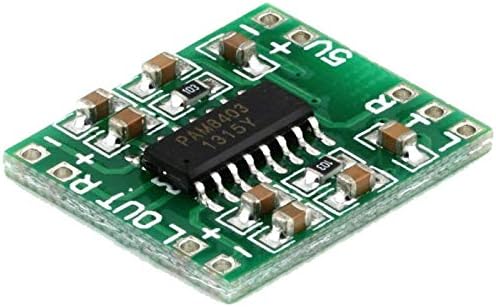 HiLetgo five piece pack mini audio amplifier module layout on a blue printed circuit board