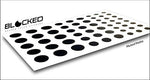 Three different sizes of BLOCKED restickable low-tack privacy stickers displayed on a backing sheet