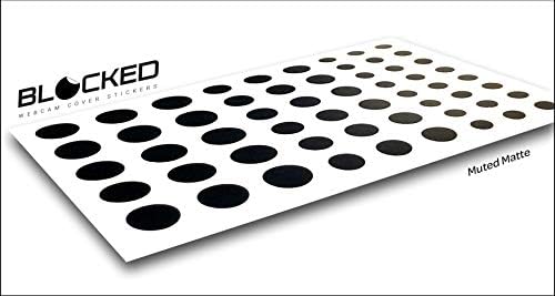 Three different sizes of BLOCKED restickable low-tack privacy stickers displayed on a backing sheet