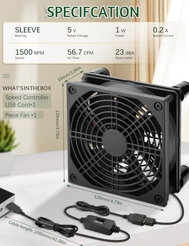 AmRunJe small USB cooling fan being utilized to cool a network modem on a desk setup