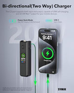 SYMIK external battery power bank function setup charging an external smartphone device via high-speed USB-C connectivity.