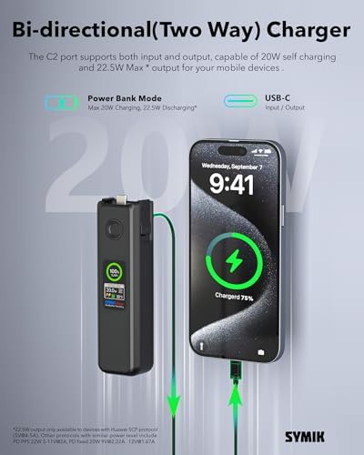 SYMIK external battery power bank function setup charging an external smartphone device via high-speed USB-C connectivity.