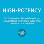 Gluten free 21st Century Ferrous Sulfate three hundred and twenty-five milligrams bottle back panel