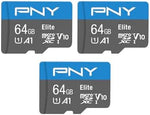Close-up view of three blue PNY 64GB Elite MicroSD storage cards highlighting speed ratings and high-definition symbols.