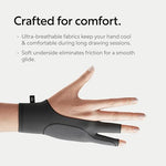 Breathable polyester fabric tablet glove showing exposed fingertips for touch gestures