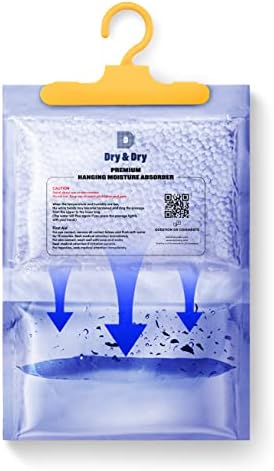Hanging moisture absorber bag showing calcium chloride crystals and water collection area.