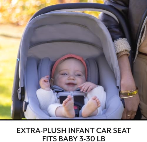 Close up view of the SensorSafe Bluetooth smart chest clip on the Evenflo infant harness system