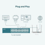 TP-Link TL-SG1024DE desktop and rackmount installation kit accessories included.