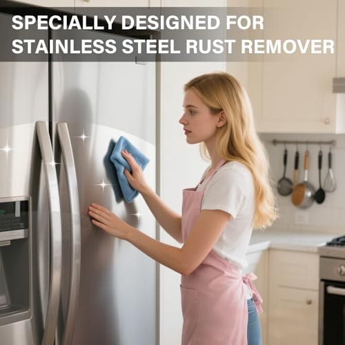 Applying rust remover with a sponge to a stainless steel appliance