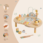 Detailed perspective of the whale motif bead maze and pastel-colored components on the toddler table.