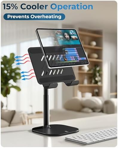 Close-up view of the back plate on the black tablet stand highlighting the built-in heat dissipation cooling vents.