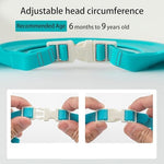 Waterproof baby bath hat with flexible rear sizing strap closure