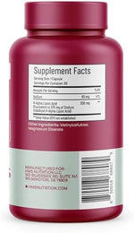 HMS Nutrition 300mg R-Lipoic Acid capsule details highlighting the vegan and NSF certification seals