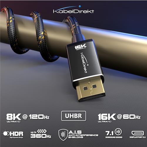 KabelDirekt 16K DP80 cable showcasing the durable black and silver nylon braiding