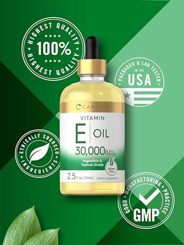 Carlyle Vitamin E topical grade oil bottle displaying the thirty thousand IU strength callout