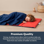 Children's Factory red and blue preschool mat completely collapsed into its compact storage dimensions