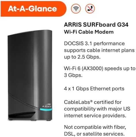 ARRIS cable modem router combination device packaging box front layout.