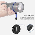 Neewer camera accessories kit showing the durable anti loss tether strap connected to the side eyelet of the cap.