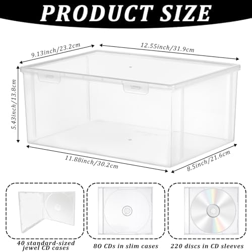 YEXEXINM clear CD storage box side profile showing secure latch lock lid mechanism.