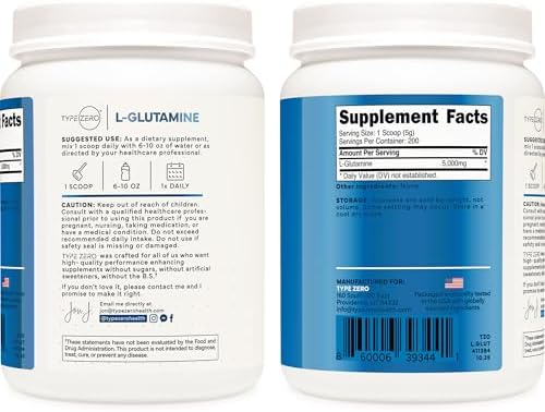 Close up of Type Zero L-Glutamine dietary supplement bottle