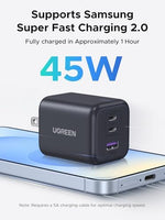 UGREEN triple port forty-five watt wall adapter side view highlighting compact premium construction