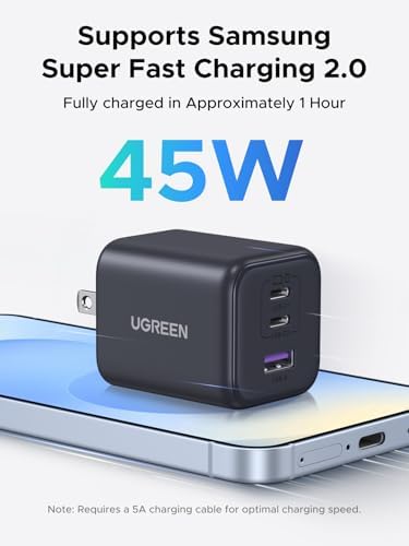 UGREEN triple port forty-five watt wall adapter side view highlighting compact premium construction